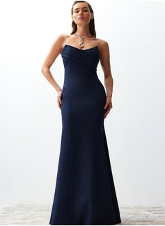 Buy Navy Blue Collar Detailed Woven Evening Dress TPRSS21AE0121 in Egypt