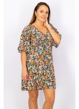 Buy Women Floral Print Short Sleeve Mini Dress, Black Floral in UAE