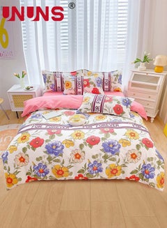 Buy 4-Piece Floral Design Bedding Set,Washable Floral Printed Bedding Duvet Set Includes 1xDuvet Cover 200X230cm,1xFitted Sheet 230x235cm,4xPillowcases 48x74cm Cotton Pink in Saudi Arabia