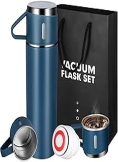 Buy Vacuum Flask with Cups, 500ml Stainless Steel Insulated Water Bottle, Vacuum Travel Water Mug with Three Cups, Leakproof Thermo Water Flask for Hot and Cold Coffee Drink Sports Hiking Cycling (Blue) in Egypt