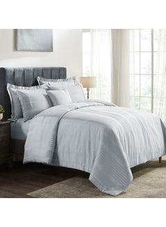 Buy Comforter Set 8-Pieces Double Size Hotel Style All Season Cotton Rich Stripe Pattern Bedding Set With Removable Cover And Down Alternative Filling, Grey in Saudi Arabia