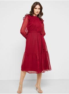 Buy Textured Detail Belted Dress in Saudi Arabia