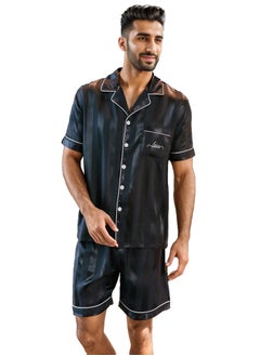 اشتري Men's Silky Satin Pajama Set Short Sleeve Classic Sleepwear Button Down Loungewear with Short Pants في السعودية