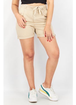 Buy Women Regular Fit Plain Belted Shorts, Beige in Saudi Arabia