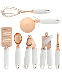 Buy 7 PCS Kitchen Gadget Set Copper Coated Stainless Steel Utensils with Soft Touch White Handles, Cooking Tools Including Garlic Press, Whisk, Ice Cream Scoop, Can Opener, Peeler, Scraper, Pizza Knife in UAE
