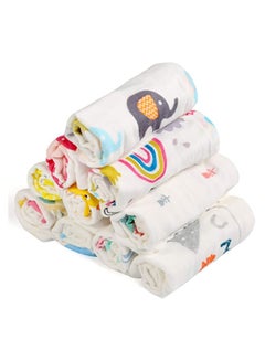Buy 10Pcs Muslin Washcloths Cotton Natural Baby Towels with Printed Design Soft Newborn Towel for Sensitive Skin in UAE