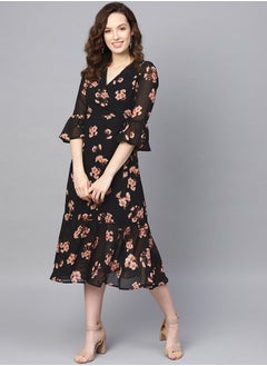 اشتري Floral Print Wrap Tie Detail Midi Dress في السعودية