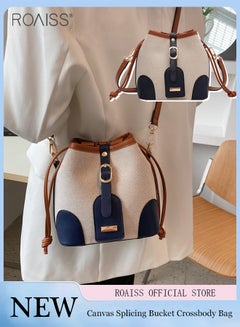Buy Women's Canvas Pu Leather Patchwork Bucket Crossbody Bag Large Capacity Drawstring Design With Adjustable Shoulder Strap Shoulder Bag in UAE