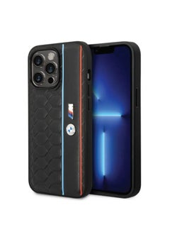 Buy BMW M Collection Pu Case Hexgonal Pattern And Smooth Pu Stripe For iPhone 14 Pro - Black in UAE