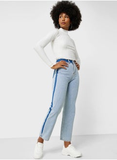 Buy Straight Fit Cropped Jeans with Contrast Side Panel in Saudi Arabia