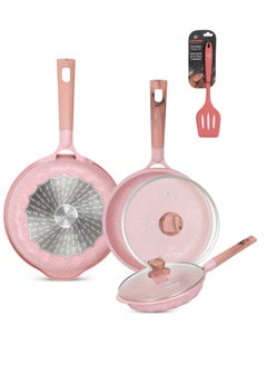 Buy Frying Pan Set with Lid & Silicone Turner -Die Cast Aluminum Body With Multi Layer Granite Non-Stick Coating | 100% PFOA FREE | Heat-Resistant Handle Hanging Loop (20/24/28 CM, Pink) in UAE