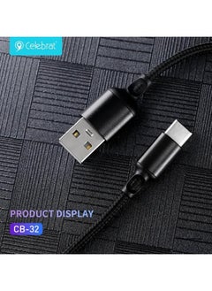 Buy Celebrat CB-32 Nylon Braided USB A To Type C Cable Supports 3A Charging For Mobile Phone 1 Meter Length - Black in Egypt