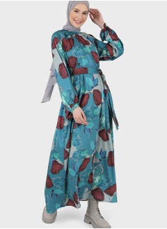 Buy Floral Print Balloon Sleeve Belted Dress in UAE