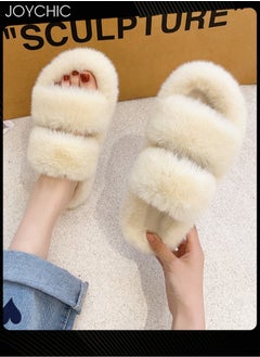 Buy Stylish Women Faux Fur Open Toe Flat Indoor Slippers Autumn and Winter Warm Household Bedroom Comsoft Slippers Beige in UAE