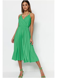 Buy Green Open Waist/Skater Midi Double Breasted Pleated Strap Stretchy Knitted Dress TWOSS20EL2729 in Egypt