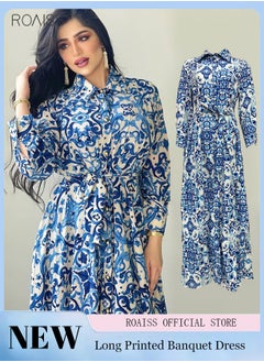 Buy Women'S Muslim Bohemian Printed Dress Classic Shirt Lapel 3/4 Sleeve A-Line Vacation Dress Button Opening And Closing Waist Buckle Design in Saudi Arabia