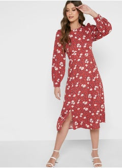 Buy Floral Print Balloon Sleeve Front Split Dress in UAE