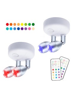 Buy 2 Pack Dual Head Battery Operated Spotlights with Remote 13 Color Dimmable and Brightness Accent Lights Indoor Wireless RGB LED Spot Light with 360 Degrees Rotatable Head Stick on Wall Hallway White in Saudi Arabia