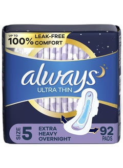 Buy Ultra Thin Feminine Pads for Women, Size 5, Extra Heavy, Overnight Absorbency with Wings, 46 Count x 2 (92 Count Total) in UAE