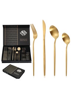 اشتري 24 Piece Gold Silverware Set, Gold Spoons and Forks Set, Stainless Steel Gold Cutlery Set for Home Kitchen Restaurant Wedding, Mirror Polished Utensils Set, Dishwasher Safe في الامارات