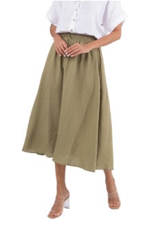 Buy Olive Green A-Line Midi Skirt with Drawstring Waist - Casual High-Waisted Skirt in UAE