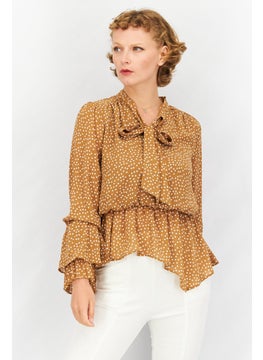 اشتري Women Tie Neck Long Sleeves Polka Dot Top, Brown في الامارات