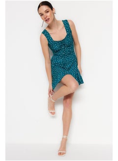 اشتري Petrol Polka Dot Printed Square Neck Flounce A-Line Mini Knitted Dress TWOSS23EL00348 في مصر