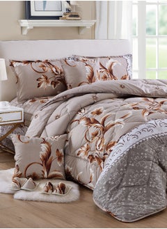 Buy Bed In A Bag Medium Filling King Size Comforter Set, 10 Pcs Floral Bedding Set Size 220 X 240 Cm with Comforter, Quilted Bed Skirt, Pillowcases, Cushion & Bedroom Slipper, Multicolor in Saudi Arabia