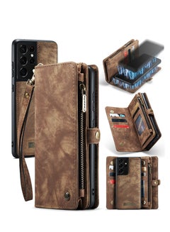 Buy Protective Phone Cover Case Wallet Case For Samsung Galaxy S21 Ultra, 2 in 1 Detachable Premium Leather Magnetic Zipper Pouch Wristlet Flip Phone Case (Brown) in UAE