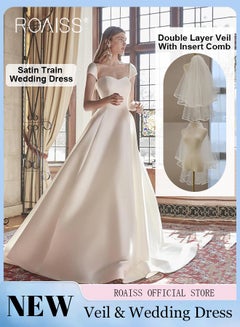 Buy Tail Wedding Dresses for Women Satin Temperament Slim Fit Waisted Banquet Main Dress with Back Straps Design Ladies Light Bridal Welcome Gown with Double Veil in UAE