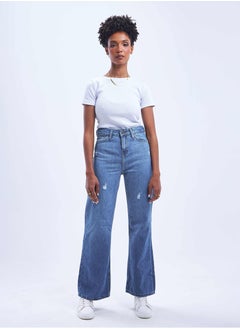 Buy High-Waist Medium Wash Degrade Ripped Straight Wide Leg Jeans. in Saudi Arabia