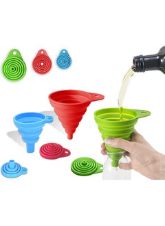 اشتري Silicone Collapsible Funnel Set Of 3 Flexible Foldable & Portable Kitchen Gadget Large Medium and Small – Green Red Blue في الامارات