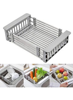 اشتري Extendable Over the Sink Stainless Steel Colander Fruits and Vegetables Drain Basket Adjustable Strainer Sink Washing Basket Dish Drying Rack (L, Grey) في الامارات