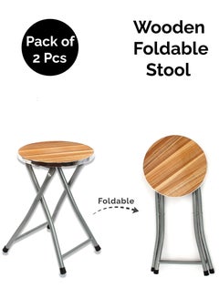 Buy Pack of 2 Pcs Portable Round Folding Table Foldable Furniture Stool Chair Lightweight Wooden Stool Seating Top For Home Indoor Outdoor Picnic Bar Seat With Metal Frame in UAE