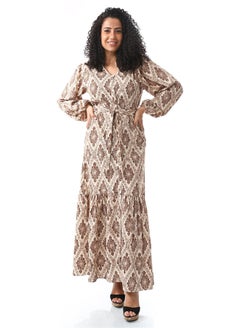 Buy Ginger Bread Brown & White Long Belted Casual Dress_Ginger Bread Brown & White in Egypt