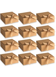 اشتري 12 Pcs Gift Boxes With Lids 4.5" X4.5"X2" Present Boxes Square Gift Box With Champagne Wrap Ribbons Gift Wrap Boxes For Birthday Wedding Party Christmas Chocolate Candy (Brown) في الامارات