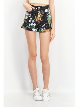 Buy Women Floral Printed Denim Shorts, Black Combo in UAE