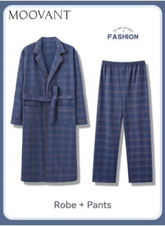 Buy 2-Piece Men's Pajamas Set Skin-friendly Cotton Home Wear Set Lattice Simple Robe Long Cotton Sleepwear Pants Suit Soft Men Pyjamas Set Comfortable Loose Loungewear Blue in Saudi Arabia