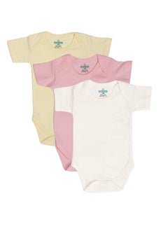 Buy 100% Super Soft Cotton, Short Sleeves Romper/Bodysuit, for New Born to 24months. Set of 3 - Pink, Lemon, Cream in UAE
