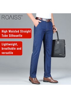 Buy Spring/summer Lightweight Fit Straight Men's Jeans Classic Business Clothes Thin Cotton Elastic High Waist Casual Trousers in Saudi Arabia