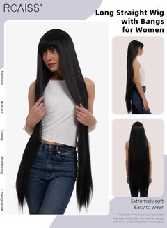 اشتري Long Straight Wig with Bangs for Women, Natural Soft Synthetic Heat Resistant Hair Wig for Wedding Cosplay Party Daily Wear, Black, 100cm (39 inches) في السعودية