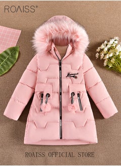 Buy Children's Soft and Skin-Friendly Mid-Length Winter Coat with Fleece and Fur Collar—Solid Color Down Jacket with Simple Design and Zip Featuring Cartoon Pattern in UAE