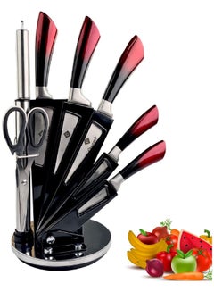 اشتري Kitchen Knife Set with Acrylic Knife Stand - Knife Sharpener and Scissors Ergonomic Non-Slip Handles Laser Cut Blade Sharpness Chef Quality Stainless Steel 8 Piece Red في الامارات