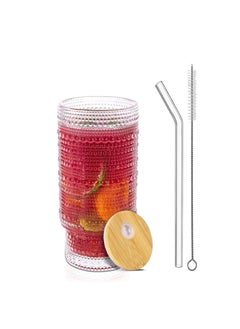 اشتري Premium Beads Embossed Drinking Glass Cups with Straws Stackable Glassware Set of 1 في الامارات