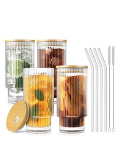 Buy Premium Ribbed Drinking Glass Cups with Straws Stackable Ridged Glassware Origami Style Tumbler 11oz Set of 4 in UAE