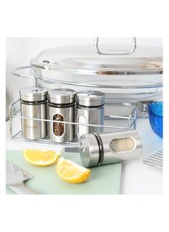 Buy 5- Piece Condiments Set with Stand 80ml, Manual Shaker, Stainless Steel and Glass Body Spice Dispenser Refillable in UAE