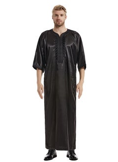 اشتري Men's Solid Color Satin Embroidery Half Sleeve Abaya Robe Islamic Arabic Casual Kaftan Black في السعودية