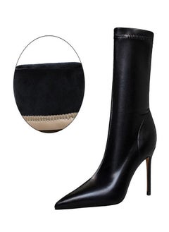 Buy Simple Pointed Flock Lined  High Heel Boots 7.5CM Black in Saudi Arabia