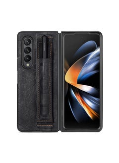 Buy Case for Samsung Galaxy Z Fold 4 5G, with S Pen Holder [Finger Grip Strap], [Slim and Lightweight] PU Leather Back Cover Hard, with Hand Strap Protective Case for Galaxy Z Fold 4 (Z Fold 4, Black) in Saudi Arabia