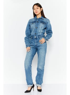 اشتري Women Long Sleeve Wash Denim Jumpsuits, Blue في الامارات